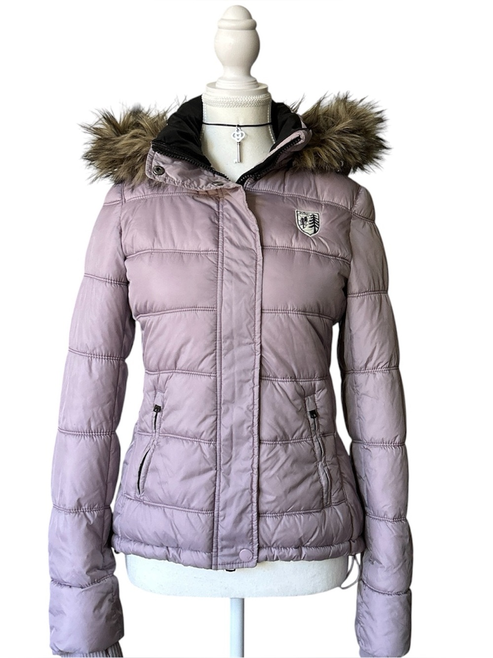 Y2K Coquette “American Eagle” Lilac Purple Faux Fur Trim Puffer Jacket